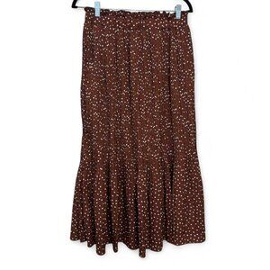 Brown Pleated Midi Skirt w/ White Polka Dots – Size L | Elastic Waist